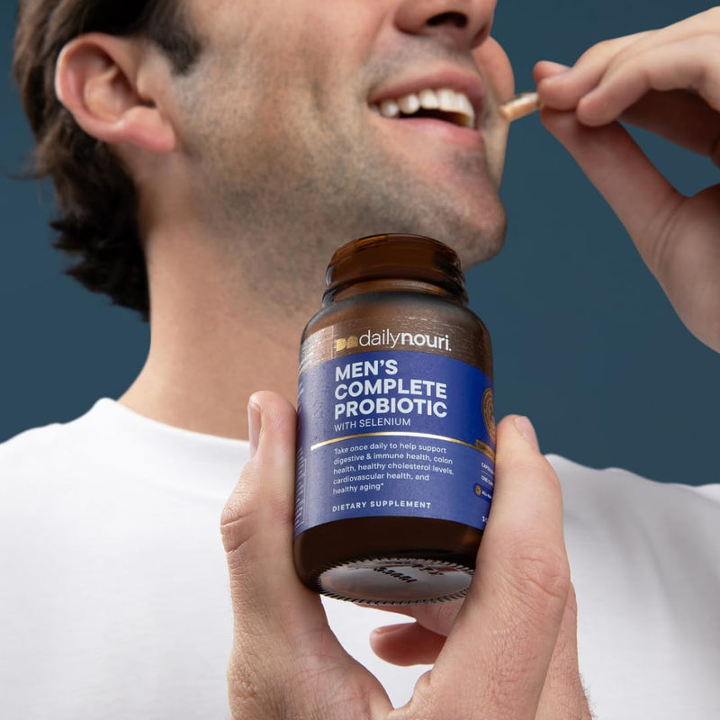 Daily Nouri Probiotics for Men | Men's Vitality, Gut Microbiome & Colon Health Support | 5 Clinically Studied Strains + Selenium & Vegan Omega | 30-Day Supply (Pack of 2) 30 Count (Pack of 2)