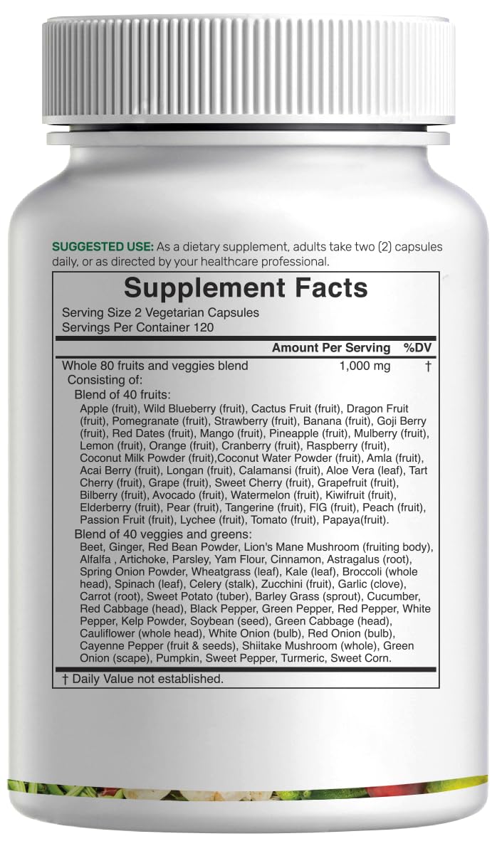 Nature’s Fruits & Veggies Supplement, 240 Veggie Capsules – 80 Whole Food Superfoods for Daily Balance – 40 Fruits with 40 Vegetables and Greens – Non-GMO, Gluten Free