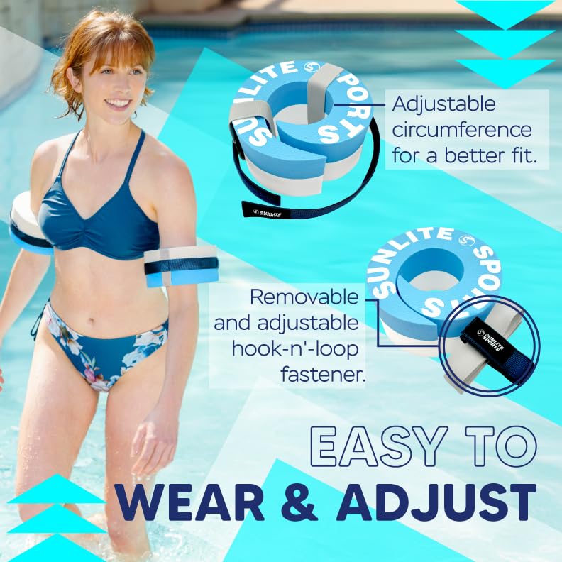 Sunlite Sports Water Weights Pool Exercise Dumbbells, Water Aerobic Equipment, High-Density EVA-Foam Dumbbell with Handle Strip, Aqua Therapy, Pool Fitness, Water Exercise, Set of 2 Aqua Blue Water Cuffs Large