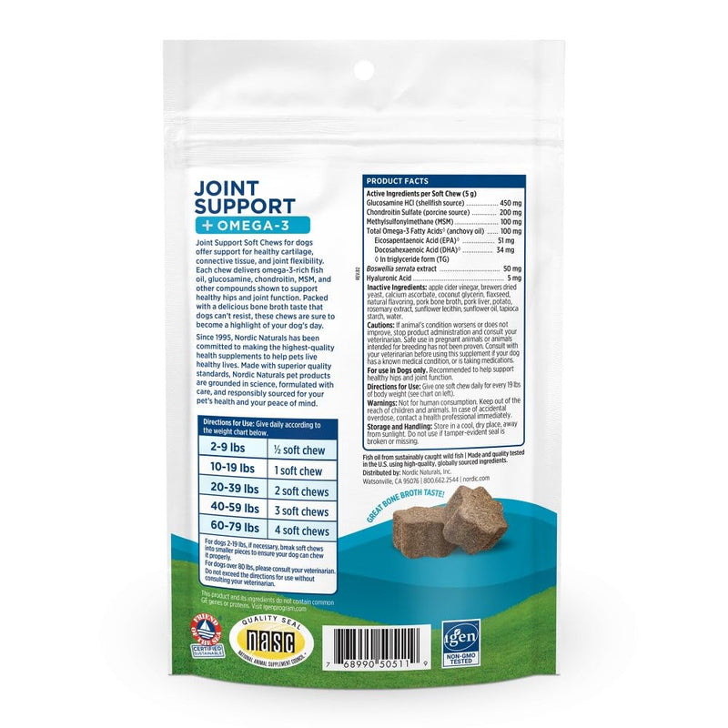 Nordic Naturals Pet Joint Support + Omega 3 Soft Chews for Dogs, Pork Bone Broth Flavored - Promotes Mobility, Hip and Joint Support with Omega-3 Fish Oil, MSM, EPA & DHA - 30 Non-GMO Chews