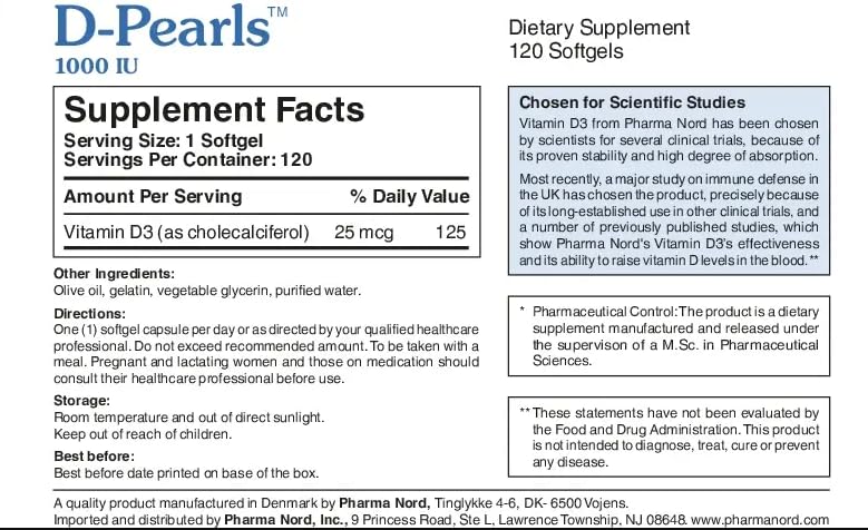 Pharma Nord D-Pearls 1000 iu (25 mcg) High Absorption Vitamin D3 120 Count | Daily Immune, Bone, & Muscle Support, Easy-to-Swallow Tiny Softgels in Organic Olive Oil, Non-GMO, Gluten-Free