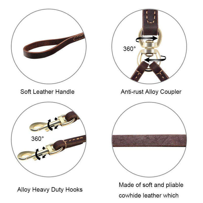 Real Leather Double Dog Leash, No Tangle Dual Dog Leashes with Heavy Duty Shiny Coupler, 5 Feet Pet Training and Walking Leads for 2 Puppies, Small and Medium Dogs, Brown - BeesActive Australia
