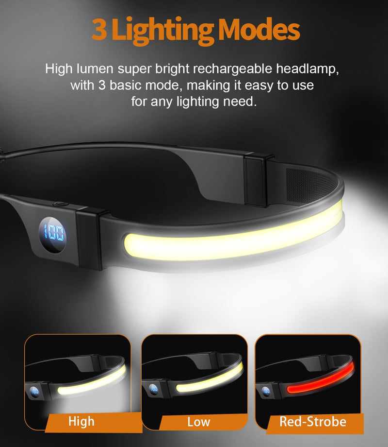Headlamp Rechargeable, 230° Wide Beam LED Forehead Lamp with Digital Battery Display, Waterproof Headlight Flashlight for Camping Hiking Running Indoor Outdoor, Adjustable Silicone Band