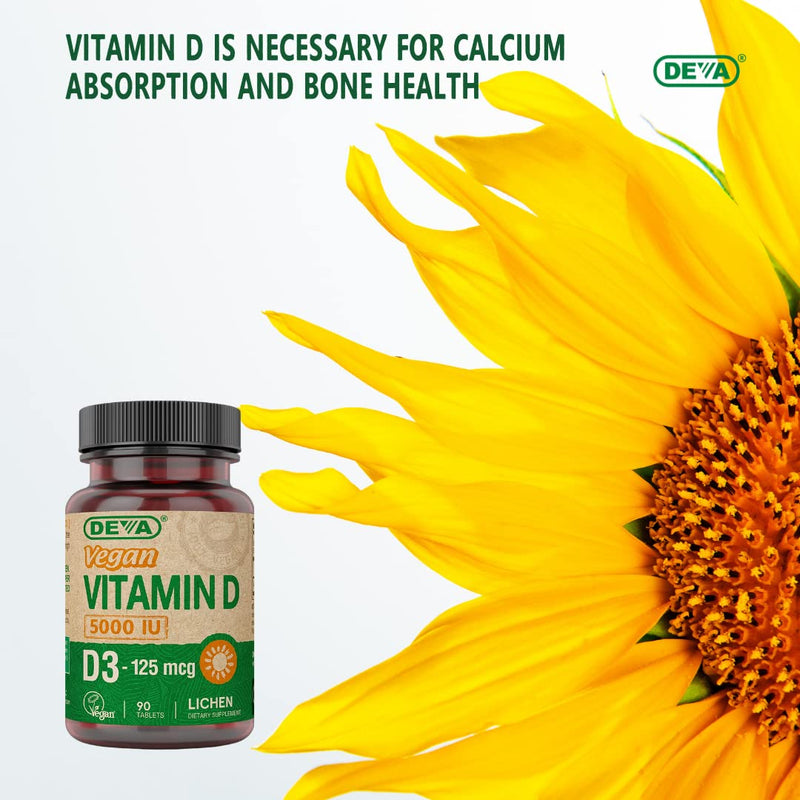 DEVA Vitamin D3 5000 IU, Sunshine Supplement, 125 mcg of Vegan D3, 90-Count Bottle 90 Count (Pack of 1)