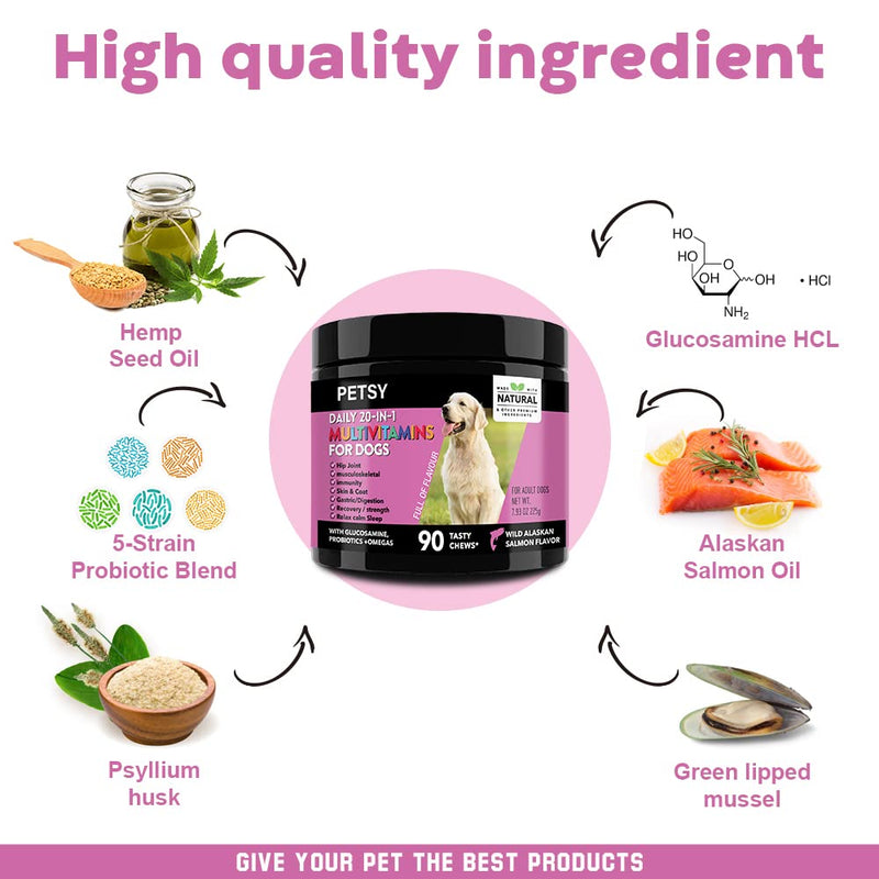 PETSY Multivitamin for Dogs – 20-in-1 Dog Multivitamin Chews with Probiotics, Glucosamine & Chondroitin with Salmon Oil, Biotin & Folic Acid | Joint, Gut, Skin & Immune Support | Natural Treats Salmon Flavour Chews