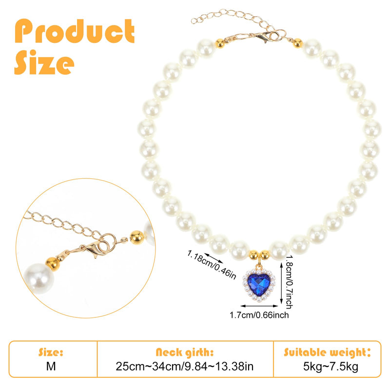 2 Pcs Cat Dog Pearl Collar, Heart Shaped Rhinestone Pet Necklace Dog Pearl Rhinestone Cat Collar, Beaded Dog Necklace Adjustable Pet Jewelry Accessories for Small Dogs Cats(Blue and Red) - BeesActive Australia