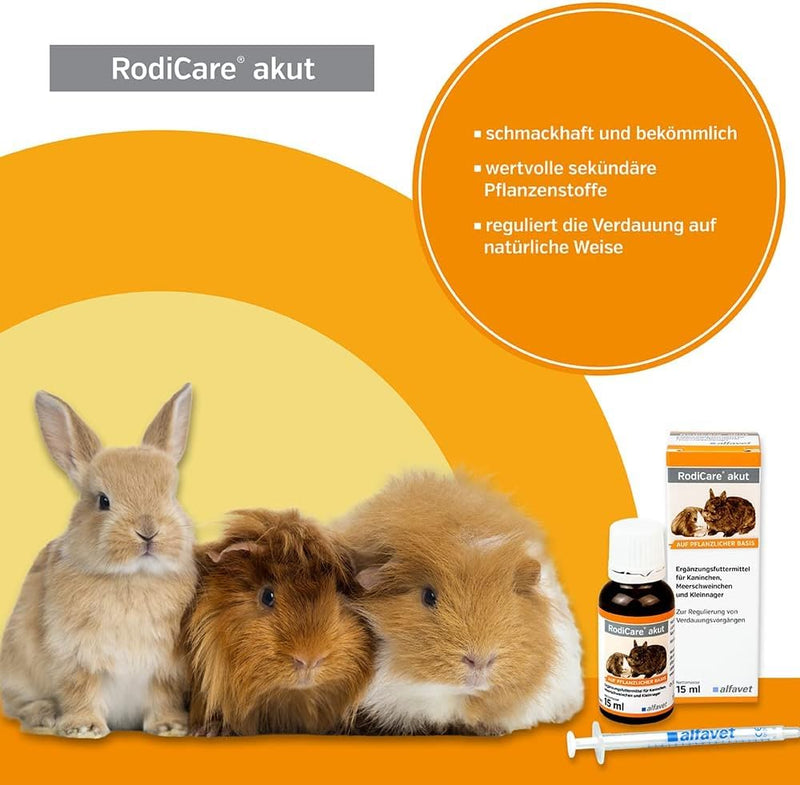 Alfavet RodiCare acute supplementary feed to regulate digestive processes for rabbits, guinea pigs and small rodents, 15 ml glass bottle with 15 ml dosing syringe (pack of 1) - BeesActive Australia
