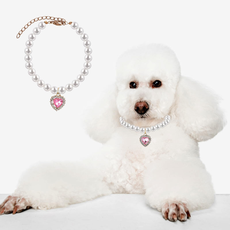 2 PCS Cat Dog Pearl Collar with Rhinestone Heart Pet Jewelry Small Heart Shape Rhinestone Pet Necklace, Adjustable Birthday Wedding Collar for Puppy Small Cats- White & Pink - BeesActive Australia