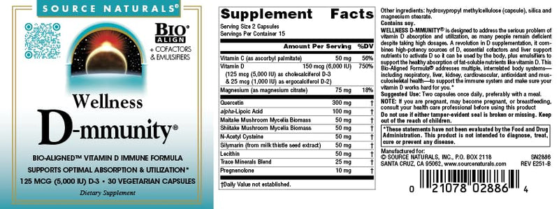 Source Naturals Wellness D-mmunity, 125 mcg D-3-30 Vegetarian Capsules | Bio-Aligned® Vitamin D Immune Formula | Supports Optimal Absorbtion and Utilization*