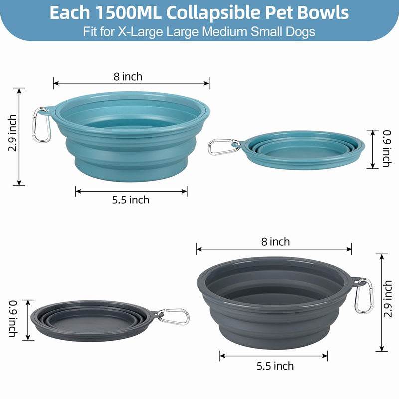 Kytely Collapsible Dog Bowls X-Large (1500ml), 2 Pack Foldable Dog Travel Bowls, Portable Dog Water Food Bowl with Clasp, Pet Feeding Cup Dish for Traveling, Walking, Hiking (Blue+Grey) Lake Blue & Grey - BeesActive Australia