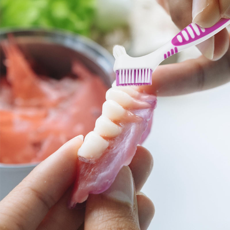 Denture Cleaning Brush Set, 2Pcs Premium Hygiene Denture Toothbrushes for Denture Care Multi-Layered Soft Bristles Ergonomic Rubber Handle Top Denture Cleanser Tool