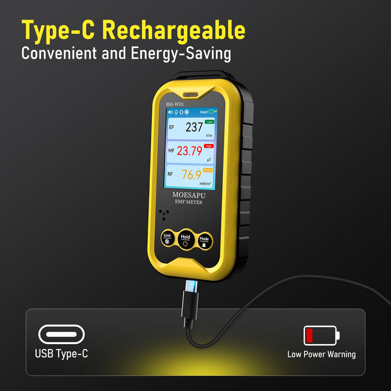 EMF Meter, 3-in-1 Electromagnetic Radiation Detector for EF MF RF Field, Electric Magnetic Radio Frequency Monitor, Portable Rechargeable Battery Reader for Microwave Ghost Hunting, BH-W01 Yellow - BeesActive Australia