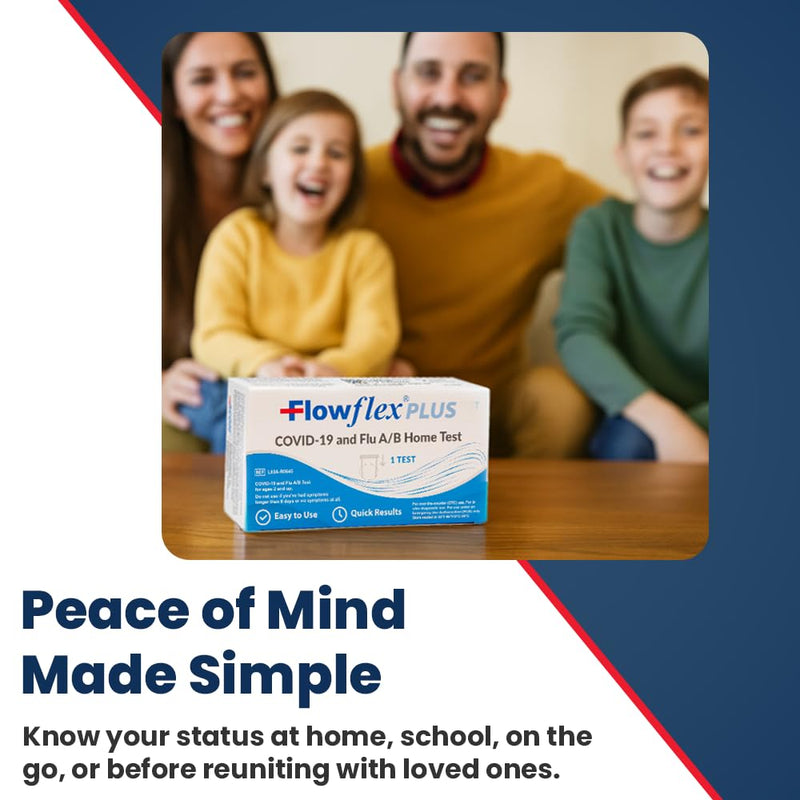 COVID & Flu Home Test by Flowflex Plus, Rapid Results in 15 Minutes, Trusted OTC COVID-19 & Flu A/B Testing Kit, FSA and HSA Eligible, Easy to Use & No Discomfort, 1 Pack 1 Test 1 Pack, 1 Test