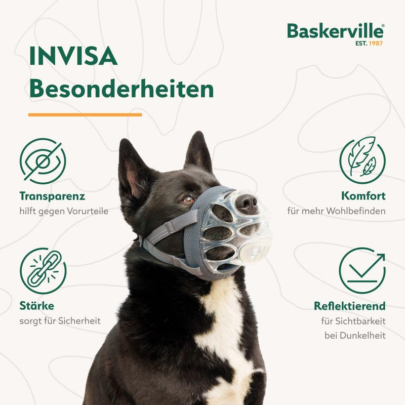 Baskerville INVISA Muzzle - Patented Dog Friendly Design, Dogs Can Pant/Drink, Adjustable Padded Muzzle for Medium Dogs, Prevents Biting and Groping (Size 3) Clear - BeesActive Australia