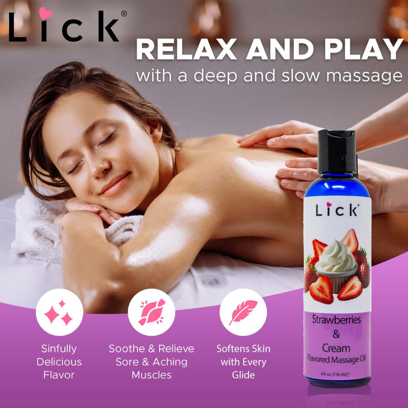Lick Strawberries and Cream Flavored Massage Oil ‚Äì Romantic, Body Safe, Non-Greasy Formula, Date Night 4 oz 4 Fl Oz (Pack of 1) - BeesActive Australia
