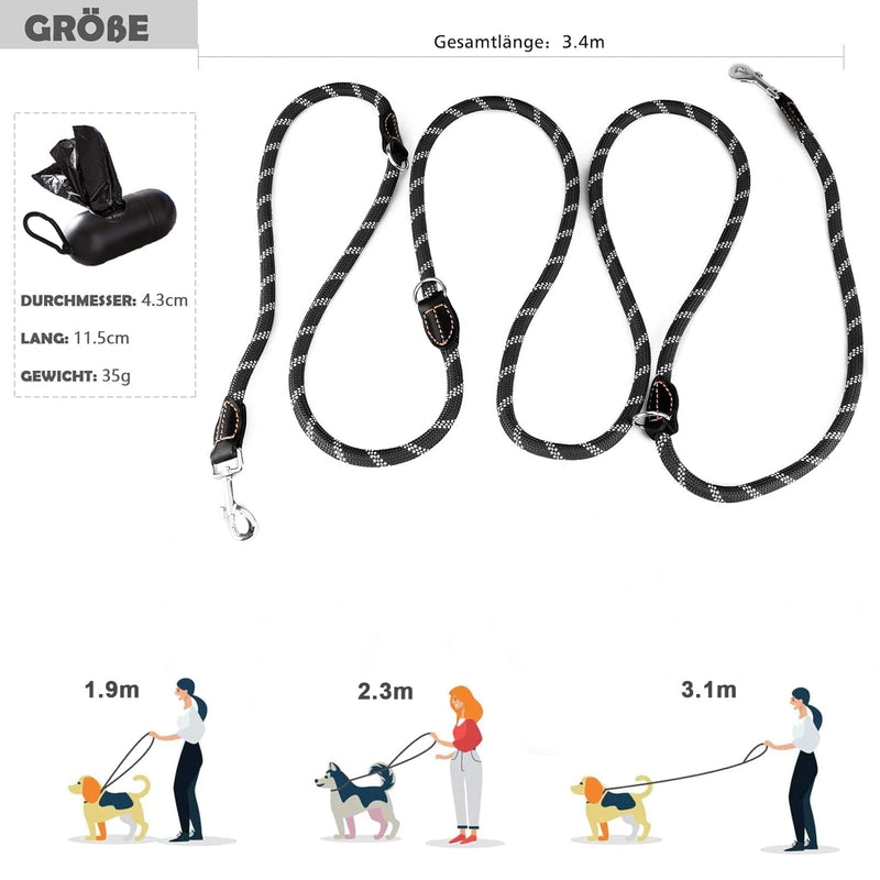 Dog leash for large and medium-sized dogs (15-60 kg), 3.4 m adjustable double leash & hands-free leash made of nylon with reflective through the waste bag dispenser, extreme strength up to 200 kg black - BeesActive Australia