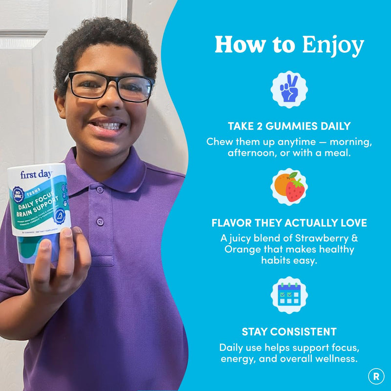 Teen Focus Gummies with Cognizin Citicoline, PS & Vitamin B3 for Ages 13-18 | Brain gummies for teens with Cognizin® citicoline and phosphatidylserine; caffeine-free choline gummies for focus and memory