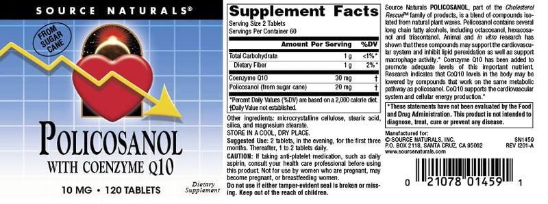 Source Naturals Policosanol with Coenzyme Q10, 10 Mg -120 Tablets 120 Count (Pack of 1)