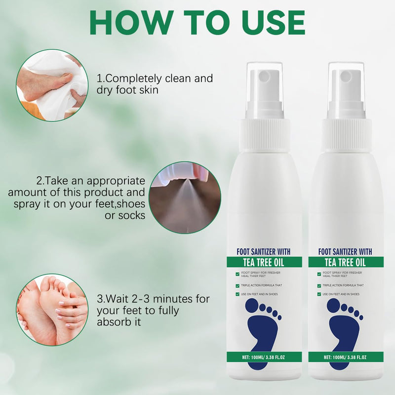 2pcs Foot Spray with Tea Tree Oil, Tea Tree Oil Feet Spray, Foot & Shoe Freshness, Clear Foot Sanitizer Spray, Quick-Drying and Travel-Friendly, 100ml/3.38fl.oz