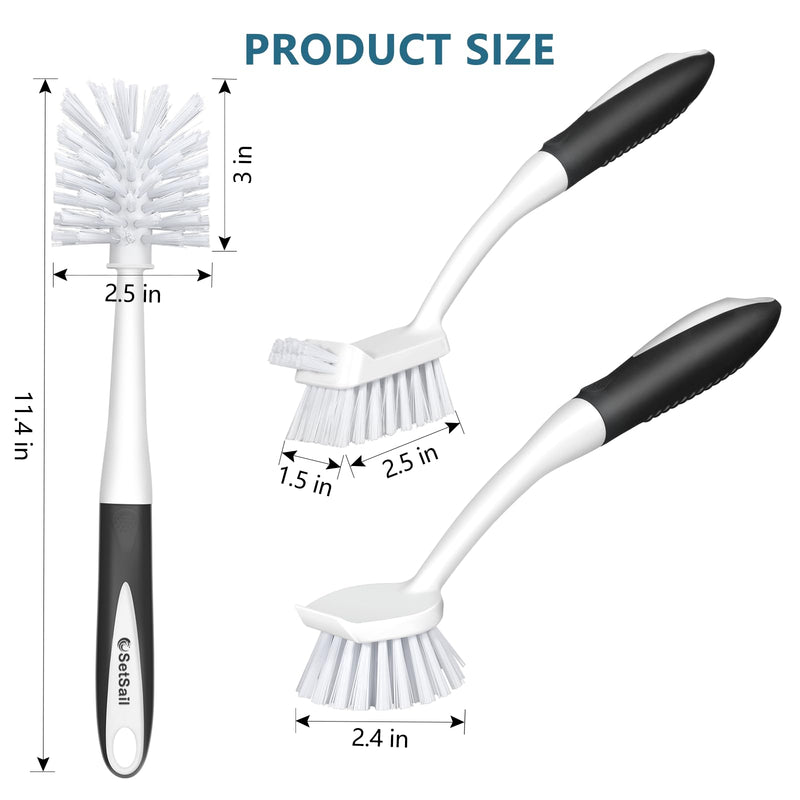 SetSail Dish Brush Set of 3 with Bottle Brush, Dish Scrub Brush with Long Handle Deep Cleaning Handle Brush with Scraper Tip for Kitchen Sink Dishes Bottle Cup Pot and Pans Tile Lines, Black - BeesActive Australia