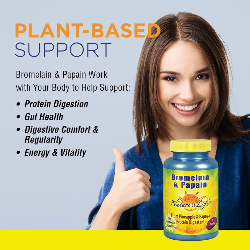 Nature's Life Bromelain & Papain | Proteolytic Enzymes for Digestive Support & Comfort | from Pineapple & Papaya | 250mg Ea | 100 Vegetarian Capsules 100 Count (Pack of 1) - BeesActive Australia