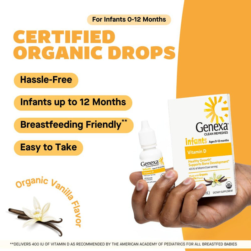 Genexa Vitamin D Drops for Infants & Newborn, Made Clean, 300 Servings | Dye Free, 0% Artificial Additives, Organic, Gluten Free, Non-GMO, Supports Growth & Bone Development in Babies & Toddlers 1 Count (Pack of 3)