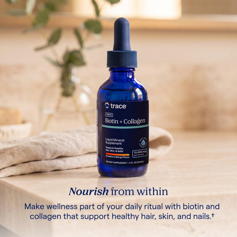 Trace Minerals Ionic Biotin + Collagen Supplement, 75,000mcg, 2 oz | Vitamin B7 biotin formula, Supports hair, skin, and nails, ConcenTrace ionic trace minerals, 2 mL daily serving, Sugar free