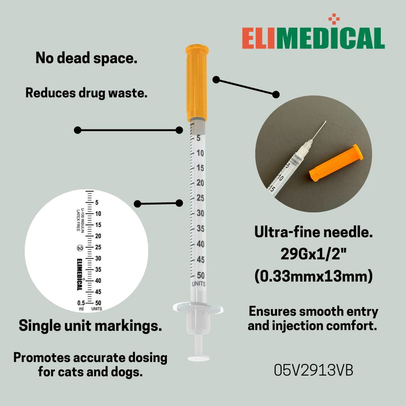 Veterinary Insulin Syringe, U-100, 0.5cc (ml), 29g x 1/2 inch (12.7mm), Individually Packed, for Pet Cat or Dog, 100 per Box, 05V2913VB - BeesActive Australia
