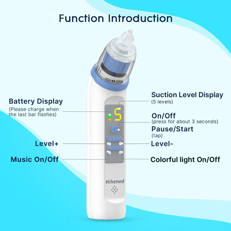 Electric Nasal Aspirator for Baby, Nose Aspirator for Toddlers, Rechargeable Baby Nose Sucker, Nose Cleaner with 3 Silicone Tips, 5 Suction Levels, Music and Light Soothing Function，Blue Blue