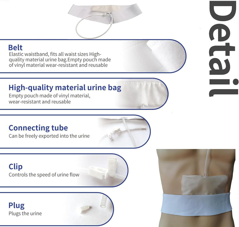 Urine Test Kit, 43" Concealed Urine Storage Belt with Catheter, Portable Urine Test Bags for Men Used for Hospitals, Emergency and Travel White Large