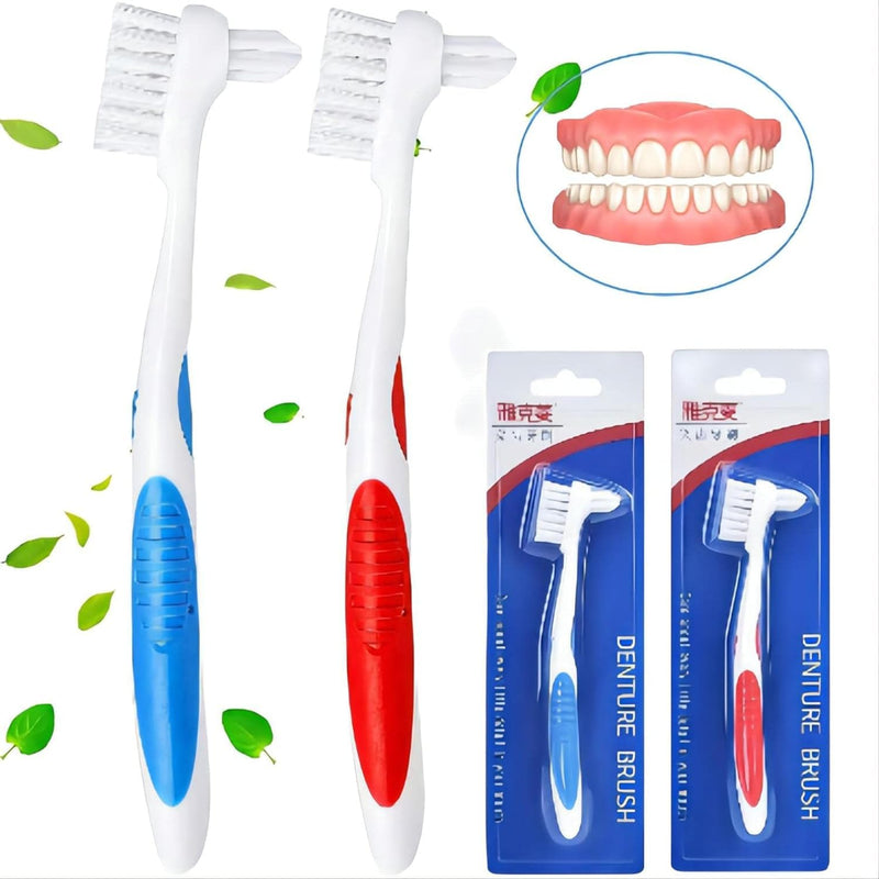 Y-Kelin Denture Brush Hard Bristles, Denture Toothbrush with Dual Head & Rubber Handle Non-Slip (Red+Blue, 2 Pcs) - BeesActive Australia