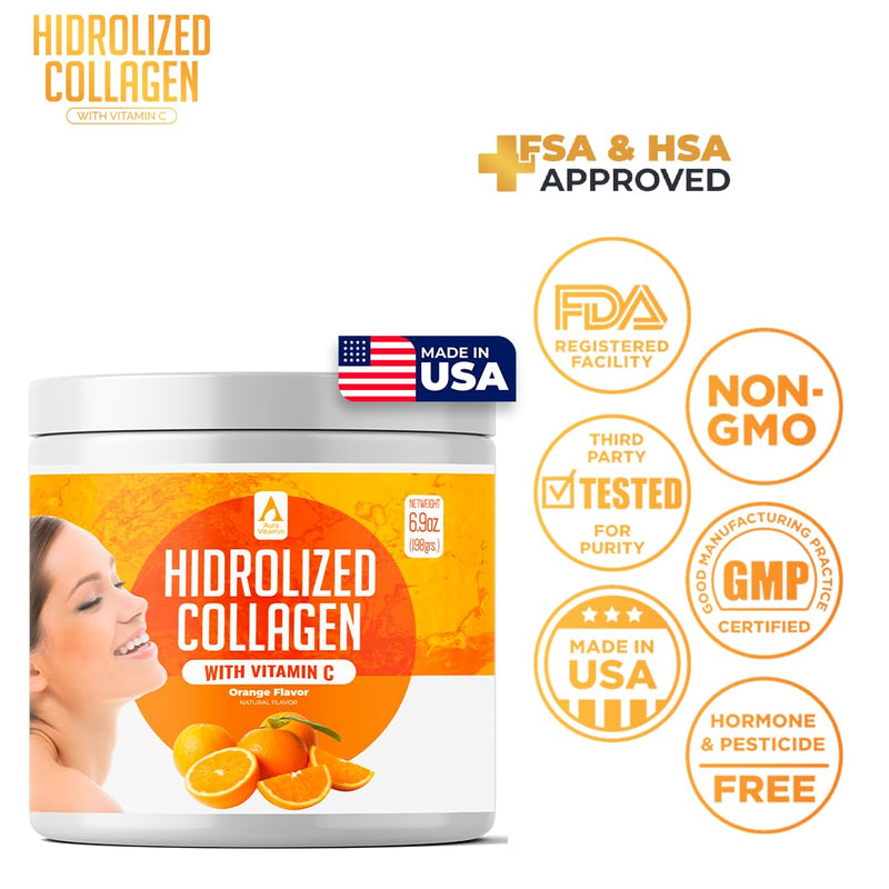 AV Orange Hydrolyzed Grass Fed Collagen with Vitamin C | Powder Supplement | Non-GMO Verified – 198gr