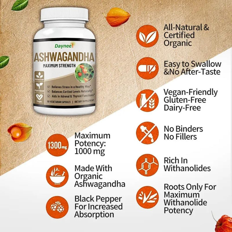 AIHIYO Ashwagandha Capsule, 60 Count | Herbal Supplement, MACA Root, Vitamin D2, Vitamin C