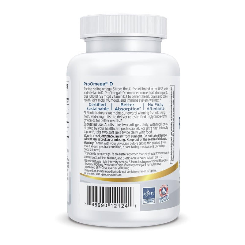 Nordic Naturals ProOmega-D Fish Oil, 1280 mg + 1000 IU D3-60 Softgels | High-potency EPA & DHA fish oil plus vitamin D3 for brain, eye, heart & immune health. 1280 mg omega-3 + 1000 IU D3. Non-GMO Lemon 60 Count (Pack of 1)