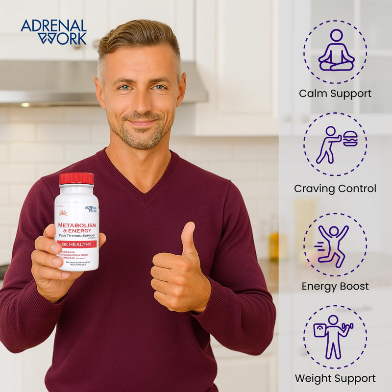 Adrenalwork Adrenal Support Supplement - Organic Ashwagandha Capsules for Stress Relief, Calm Energy & Focus - Adaptogen Blend with Rhodiola & Holy Basil - Men & Women - 60 Capsules