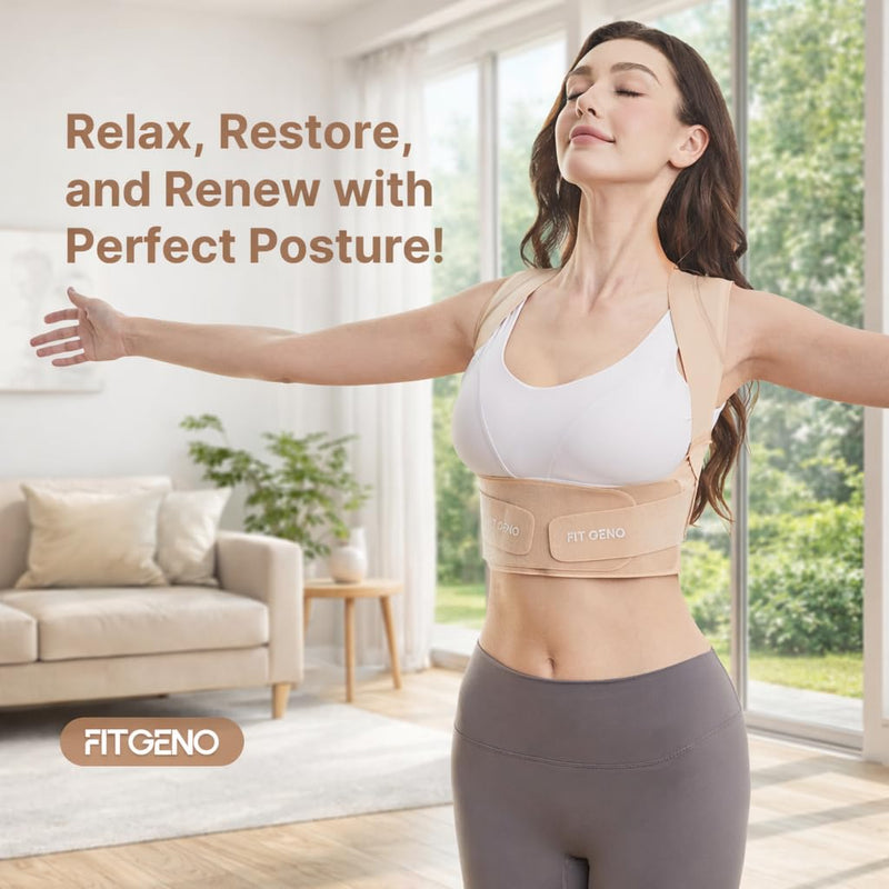 Fit Geno Posture Corrector for Women Invisilite: Invisible Lightweight Back Brace for Neck Shoulder & Upper Back Pain Relief - Improve Posture Correct Hunchback Slouching Under Clothes Large Beige L (Under Bust 32"- 38")