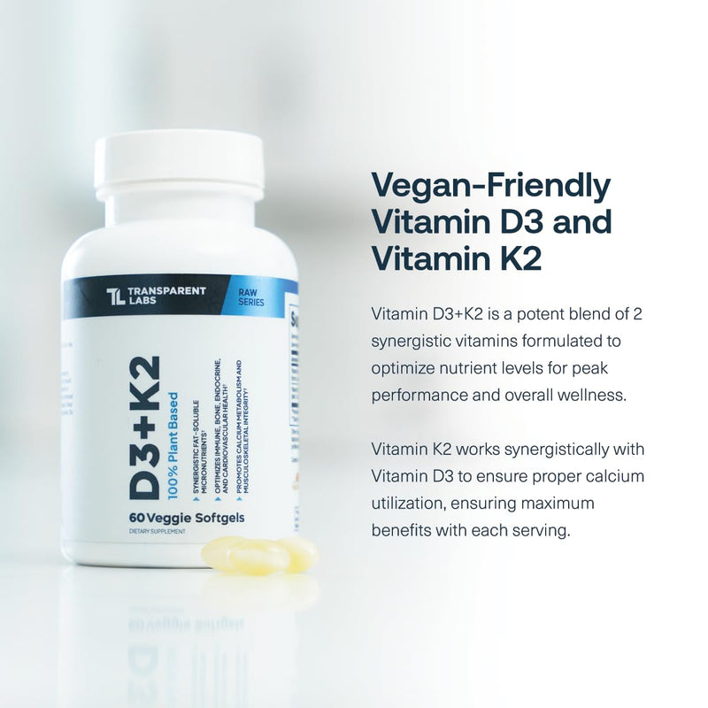 Transparent Labs Vitamin D3 K2 - Vitamin D & K2 Vitamin Supplement for Men & Women, Vegan-Friendly D3K2 5000 IU Supplements to Support Bone, Immune, and Overall Health - K2 D3 60 Capsules
