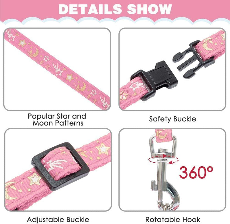PAWCHIE Cat Harness with Leash and Collar Set - Escape Proof Adjustable H-shped Cat Harness with Star and Moon Pattern Glow in The Dark for Kitty Outdoor Walking Pink - BeesActive Australia