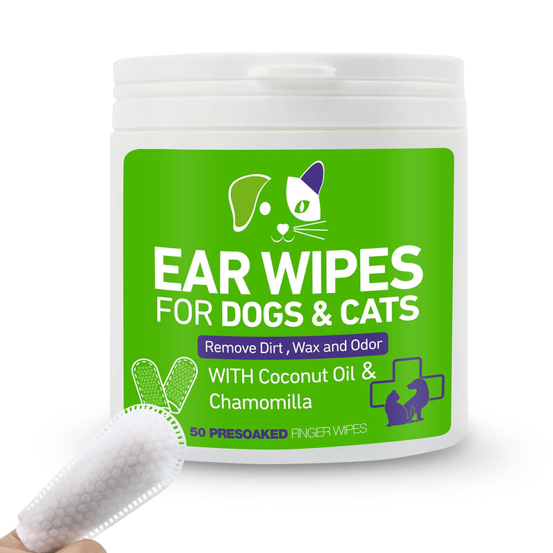 Pet Ear Wipes for Dogs & Cats - Gentle and Effective Ear Cleaning Solution - Remove Dirt, Wax and Odor - 50 Count Dog Ear Relief Finger Wipes