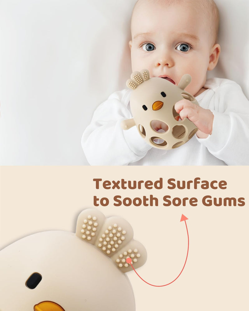2-in-1 Baby Teething Rattle Toy, Sensory Grasping Teether for Infants 3-12 Months, 100% Food-Grade Silicone, Easy to Hold, Soothing & Developmental, BPA Free Beige w/Rattle