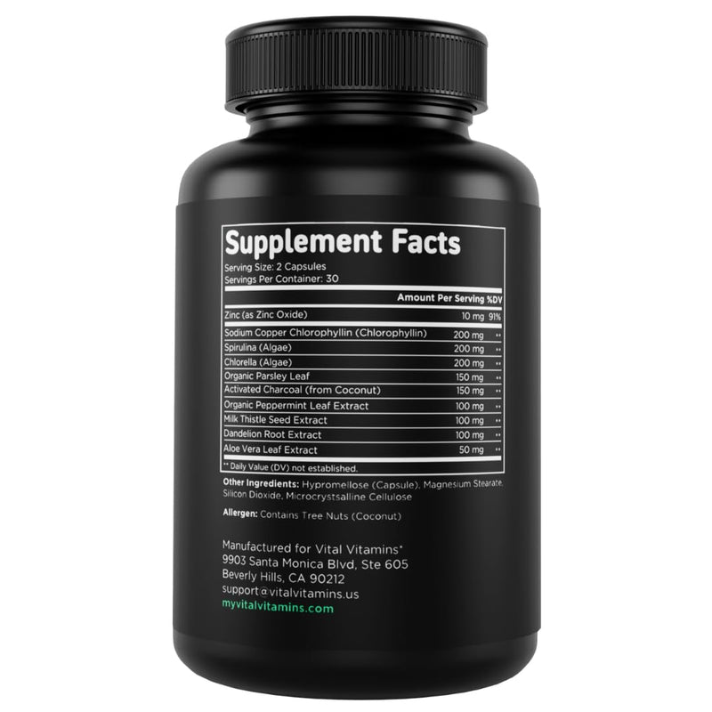 Vital Vitamins Chlorophyll Pills with Spirulina, Chlorella & Charcoal | Detoxifies & Freshens from Within, Natural Body Deodorizer, Superfood Complex for Women & Men, 60 Capsules 60 Count (Pack of 1)