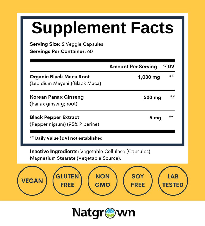 Natgrown Black Maca Root + Panax Ginseng Powder Capsules 1500 mg with Black Peruvian Maca Root & Korean Panax Ginseng Supplement for Men and Women - Vegan Pills (120 Count)
