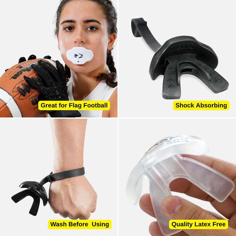 SLEEFS Football Mouth Guard - Lip/Mouthguard with Helmet Strap - Lip/Teeth Protector Mouthpiece - No Boil - for Youth/Adults, Maximum Air Flow, for All Sports - Momma This One for You Black - BeesActive Australia