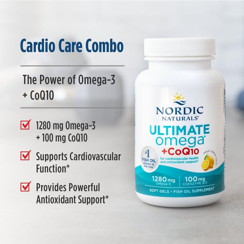 Nordic Naturals Ultimate Omega + CoQ10, Lemon - 90 Soft Gels - 1280 mg Omega-3 + 100 mg CoQ10 - Heart Health, Cellular Energy, Antioxidant Support - Non-GMO - 45 Servings 90 Count (Pack of 1)