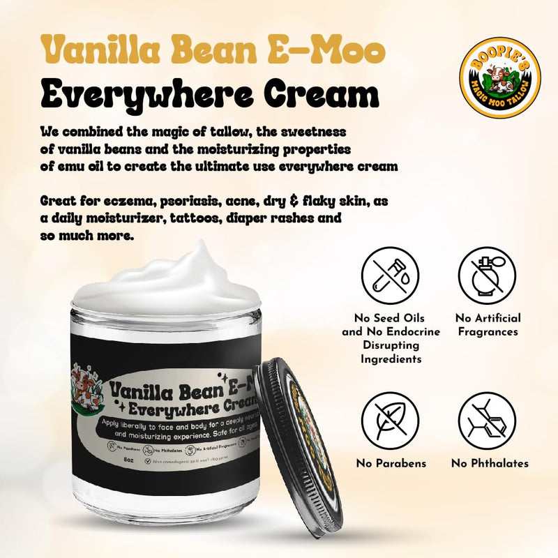 Magic Moo Beef Tallow Vanilla Bean E-Moo Moisturizing Everywhere Suet Tallow Cream with Organic Emu Oil. For Acne, Stretch Marks, Eczema, Hydration, Dry Skin & More! 2oz 2 Ounce (Pack of 1) - BeesActive Australia