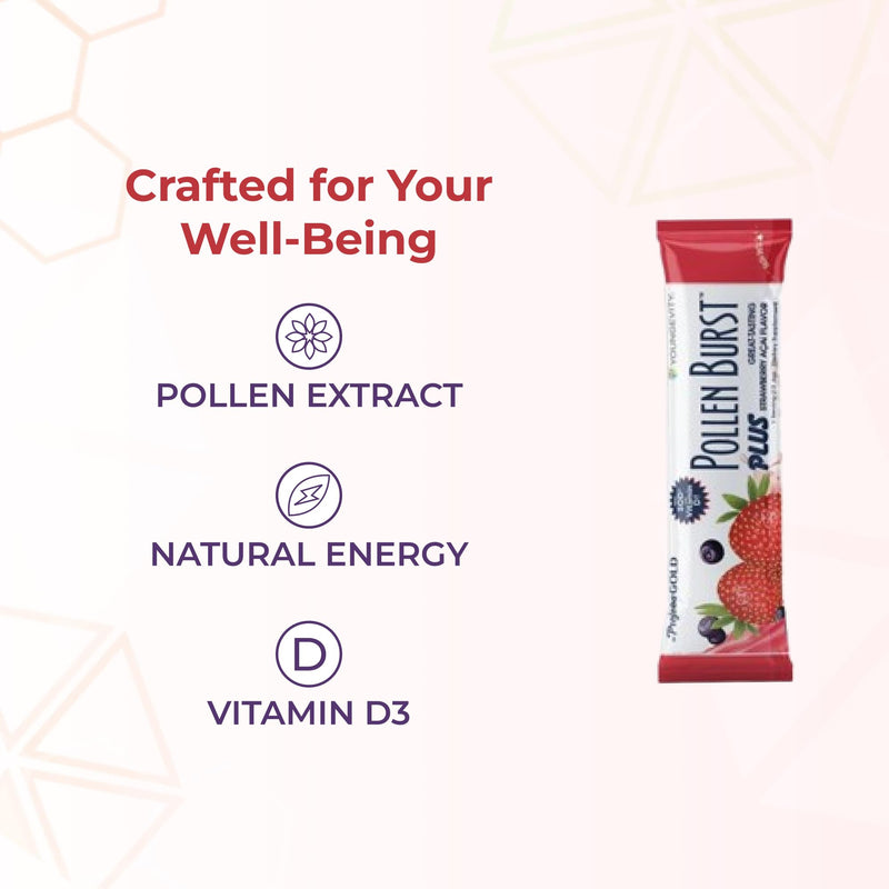 Youngevity Pollen Burst Strawberry Acai Energy Drink Mix, 30 Count Box | Flower pollen extract, SOD, green tea, natural caffeine, vitamins, minerals, energy support, mental clarity, strawberry acai