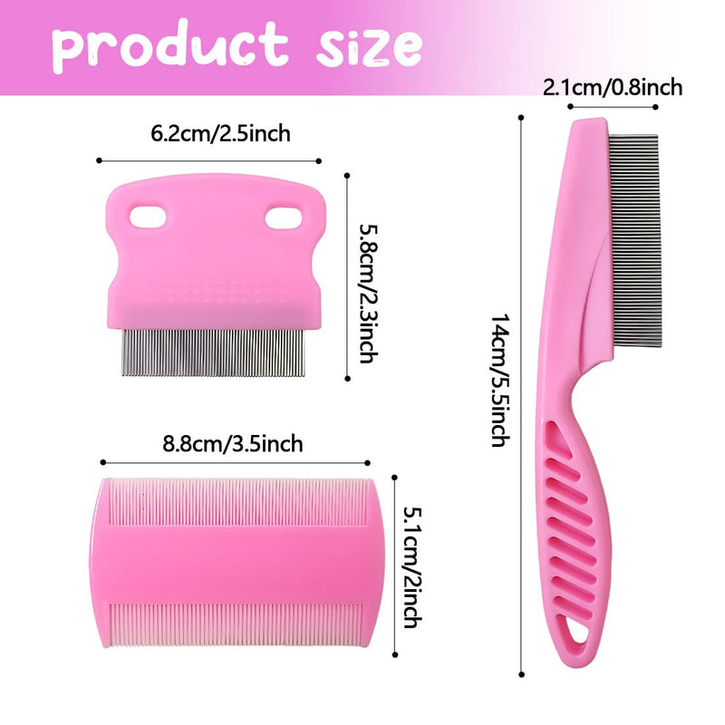 Pack of 3 lice comb, flea comb, lice comb, metal teeth lice comb, plastic double-sided nit comb, multifunctional for dogs, cats (pink) - BeesActive Australia