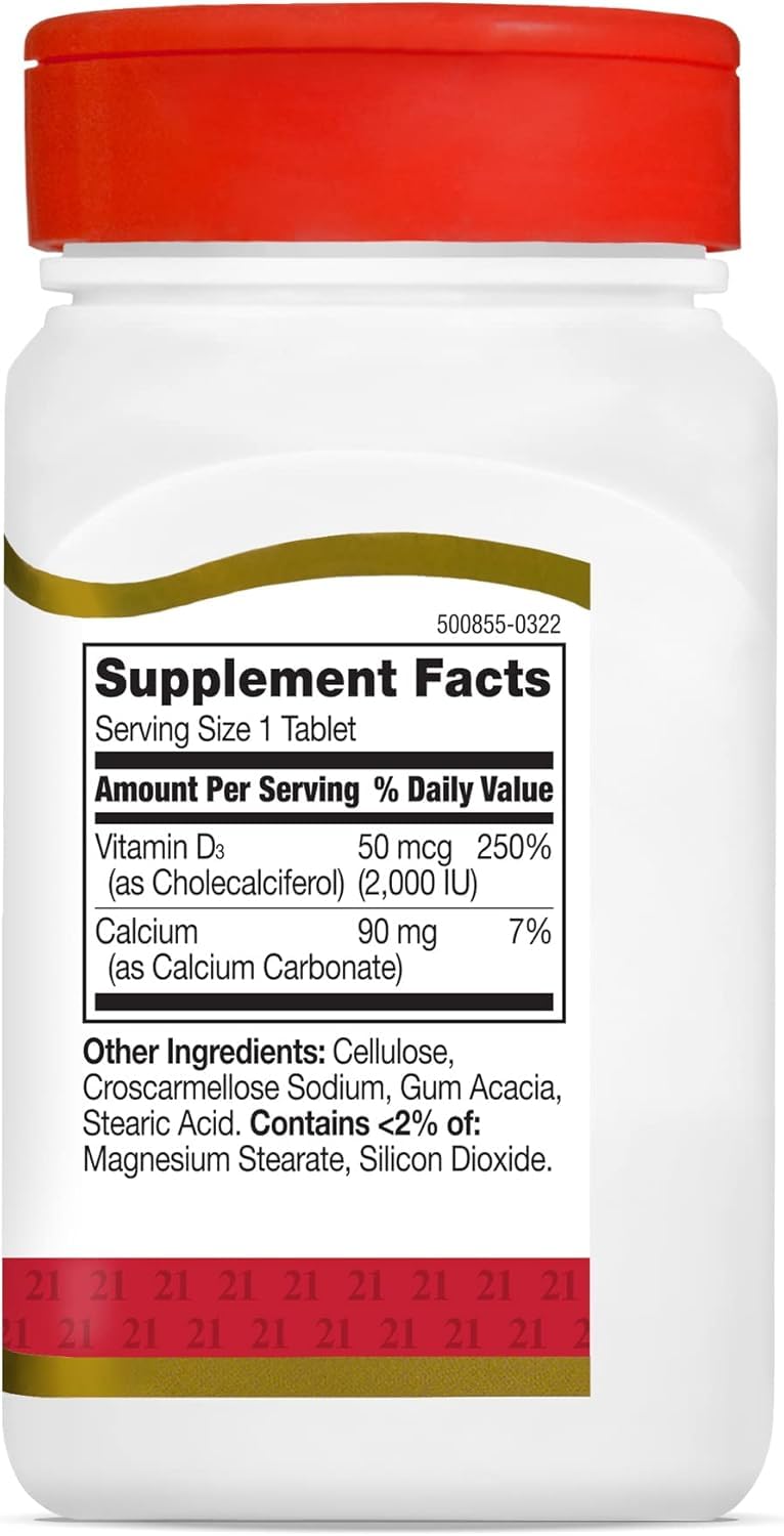 21st Century Vitamin D3 2000 IU Tablets, Bone & Immune, 110 Count | Vitamin D3 2000 IU Tablets, Bone Health & Immune System Support & Calcium Absorption, No Artificial Colors or Preservatives 110 Count (Pack of 1)