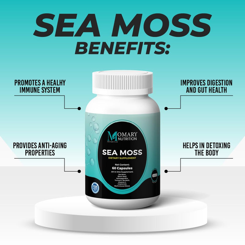 Sea Moss, Black Seed, Ashwagandha, Turmeric, Burdock, Vitamin C, Vitamin B3, Multimineral Blend, All-in-One Supplement for Men and Women, Vegan, Gluten Free, Non-GMO, 60 Capsules