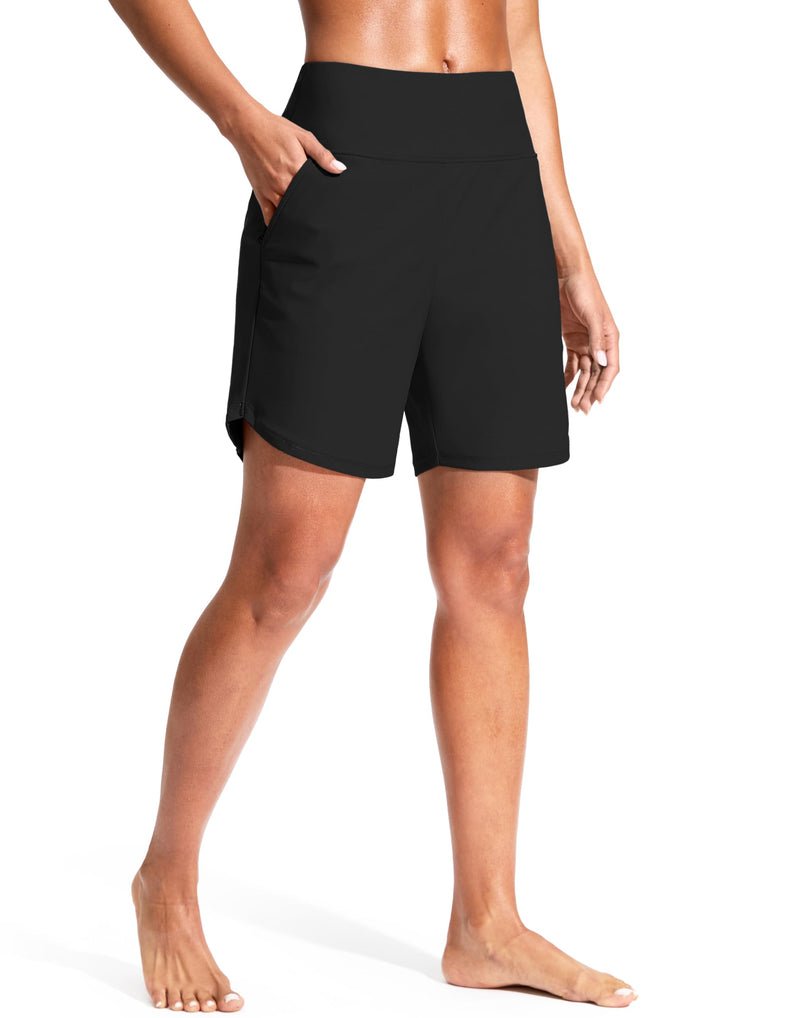 G Gradual Women's 7" Quick Dry Swim Board Shorts Swimming Bottoms High Waisted Beach Shorts for Women with Liner Pockets Large Black - BeesActive Australia